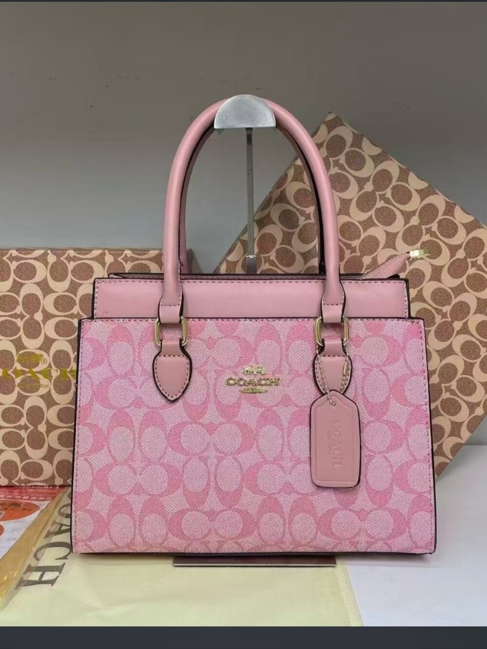 Coach Pink Signature Satchel with Leather Trim